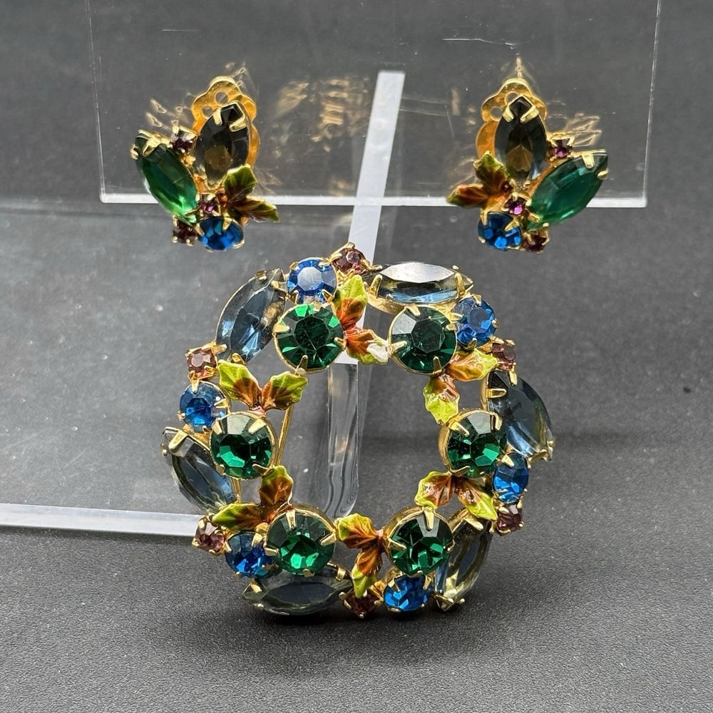 Vintage Poinsettia Leaf Wreath Brooch Pin with Matching Clip-On Earrings Set